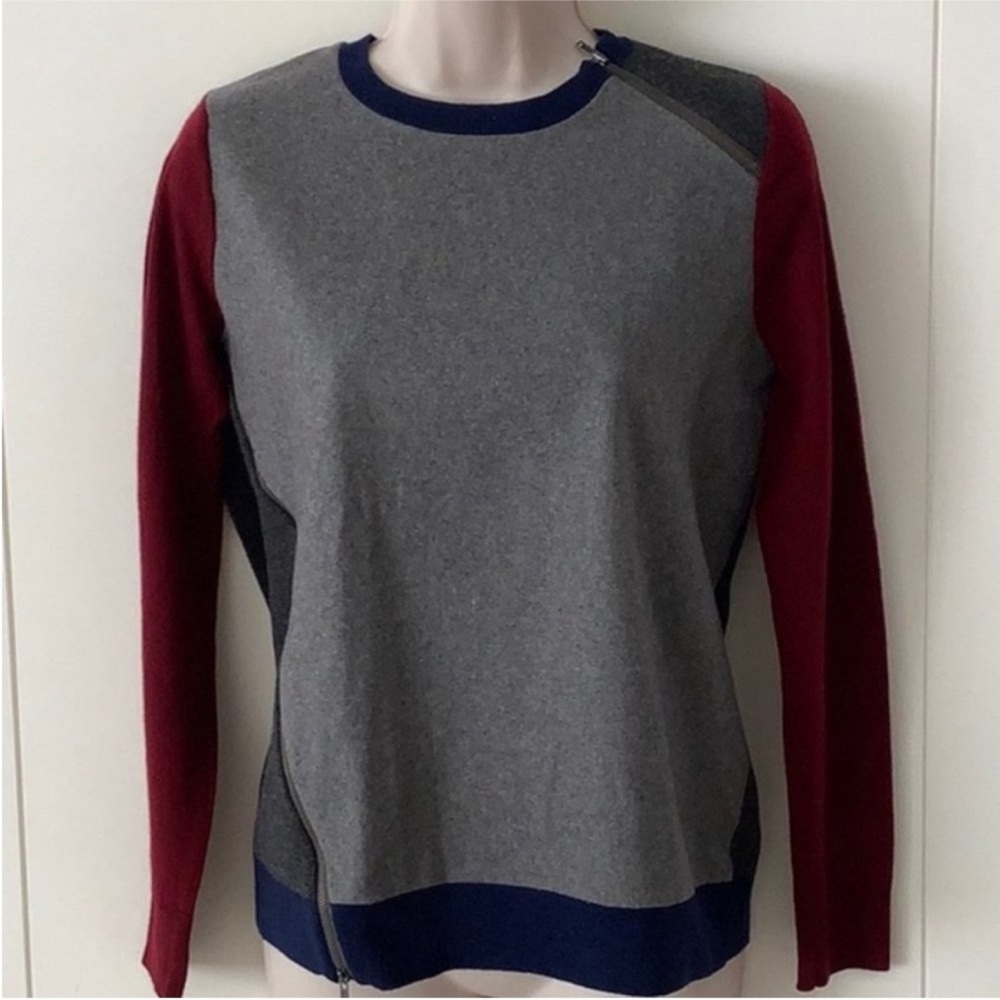 J. Crew Mixed Media Burgundy Gray Navy Wool Zipper Detail Sweater S
